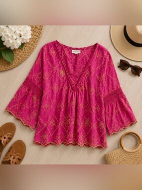 Women's Embroidered Peasant cotton Blouse - Fuchsia pink and yellow boho size m
